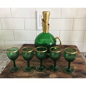 IRICE Green Decanter/Carafe Set & 5 Cordial Glasses Gold Trim Made In Germany